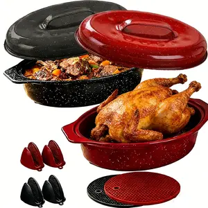 Oval Enamel Roasting Pan with Lid Black Red Speckled Baking Dish Professional Turkey Beef Roaster Oven Safe High Temperature Perfect for Christmas Thanksgiving Gatherings Dishwasher Safe