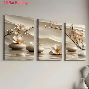 2D Flat Wooden Framed Canvas Wall Art Set, Artistic Vertical Plant Floral Flower Decorations, Modern Home Decor, Ready-To-Hang Prints for Living Room Bedroom