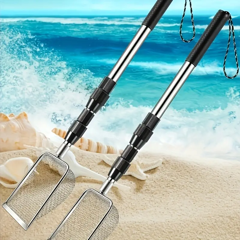 Stainless steel shark tooth sand shovel with telescopic long handle and mesh bag - a heavy-duty multifunctional beach tool suitable for treasure hunting, shell collection, cat litter cleaning, and sand digging - durable 8-in-1 outdoor shovel (adjustable,