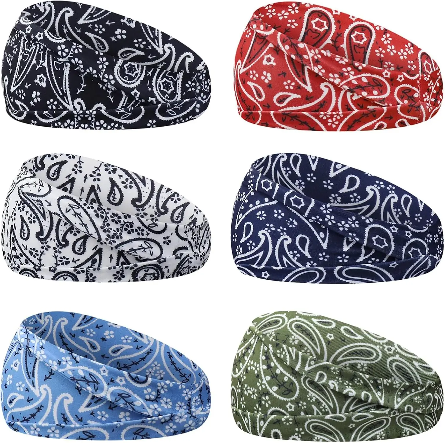 6Pcs Headbands Paisley Bandanas Head Bands Sweat Band Hair Wrap Headwrap Fashion Boho Wide Thick Workout Yoga Elastic Headbands Mens Cooling Running Sports Headband Sweatbands for Women and Men