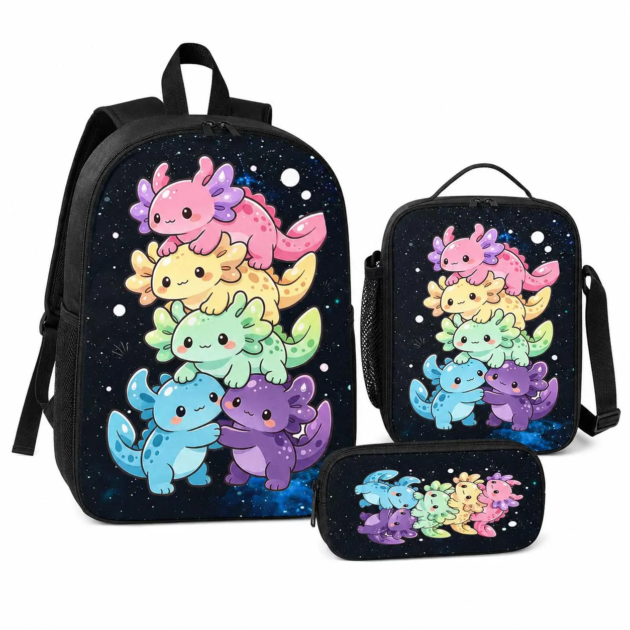 Unisex Kids' 3-Piece Axolotl Backpack Set, Cute Kawaii Galaxy School Bookbag with Insulated Lunch Bag, Pencil Case, Lightweight Daypack with Padded Straps, Roomy Storage, Side Pockets, Back to School Travel Gift