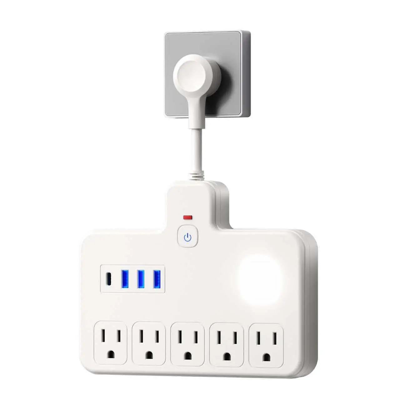 Square Plastic Travel Power Strip with LED Night Light, Surge Protection, 5 Universal AC Outlets, 3 USB-A Ports & 1 Type-C Port for Bedroom, Dorm