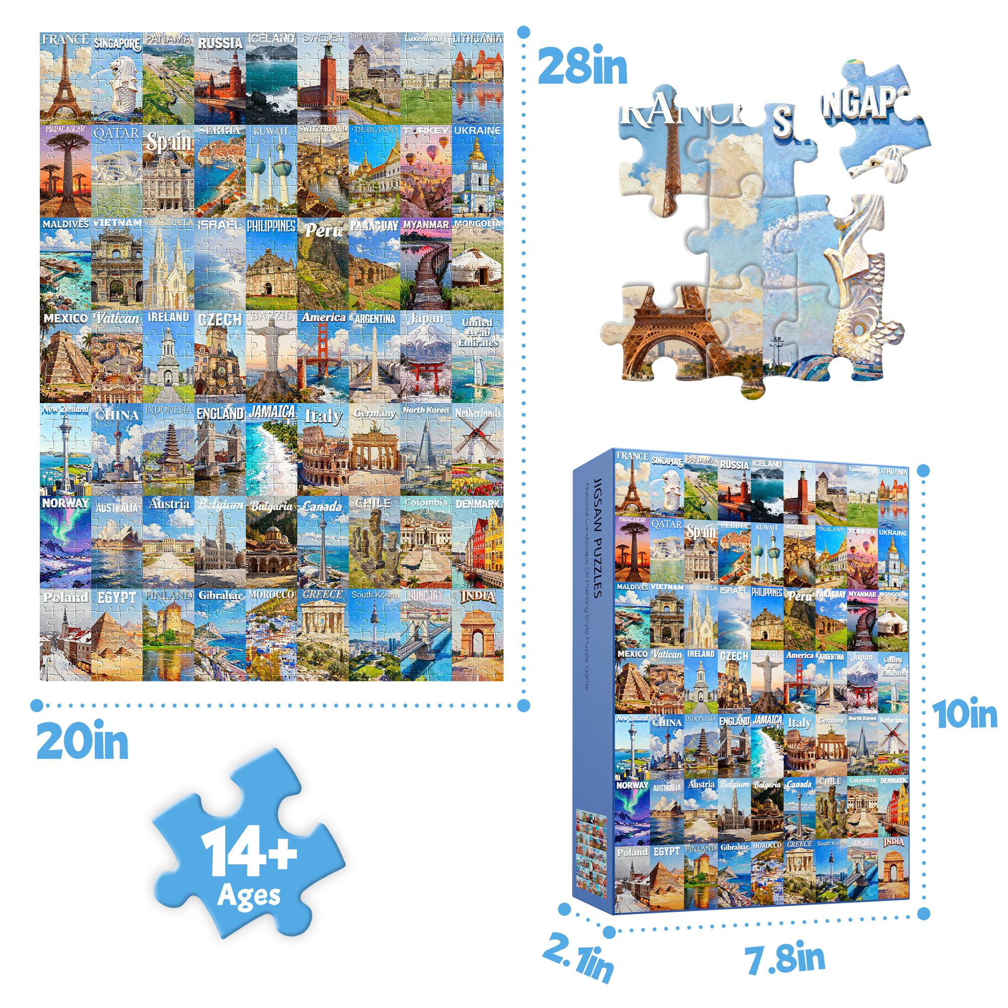 Travel Puzzle Jigsaw Puzzles for Adults 1000 Pieces, 63 World Wonders Travel City Jigsaw Puzzle Colorful Wall Art Decor