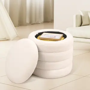 Modern White Teddy Sherpa Foot Rest Storage Ottoman - Round Design, 18.1" x 18.9", Soft Teddy Fleece & Foam Sponge, Non-Slip Feet, Suitable for Living Room, Bedroom & Entryway