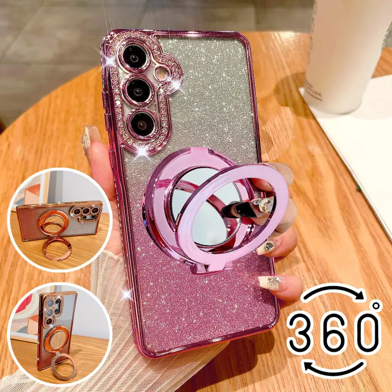 Samsung Protective Case Cover for Smartphone A07 A17 A37 A57 A06 A16 A26 A36 A56 A14 A34 A54 A15 A25 A24 A35 A55 A05s 5g, 360° Rotating Mirror Ring Holder, Glitter Wireless Charging