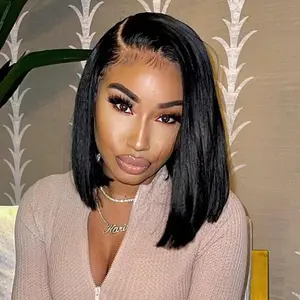 Wear and Go Glueless Bob Wigs Human Hair Pre Plucked Natural Hairline Straight Short Bob Wig 180 Density 4x4 HD Lace Closure Wig Human Hair for Women Brazilian Virgin Hair Natural Black