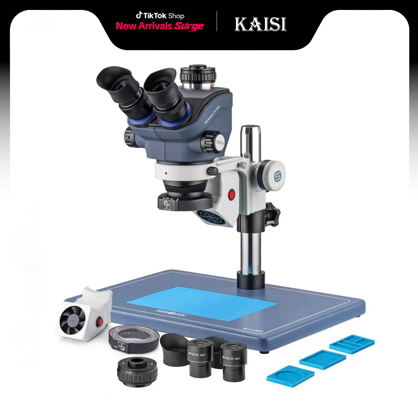 Kaisi Hard Plastic Professional Trinocular Stereo Zoom Microscope - 7X-50X Magnification, WF10x23 Wide View Eyepieces, 14.7"×9.6" Work Area, LED Lights, Smoke Fan, for Electronics Soldering Repair, School Supplies
