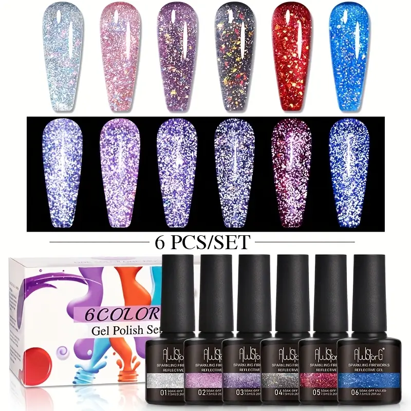 AWStorG 6Pcs Multi-Pack Sparkling Reflective Gel Nail Polish Set - UV Soak-Off Colorful Glitter Manicure Supplies, Spring Nail Care Cosmetics, Gift for Mom, Nail Supplies Nail Art Cutics
