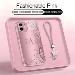 Suitable for [iPhone 12] high-end women's phone case🤩，a beautiful four-leaf clover lanyard is included🍀，a free four-leaf clover lanyard is included, with 26 letters of the alphabet to choose from and exquisite flower patterns YM99