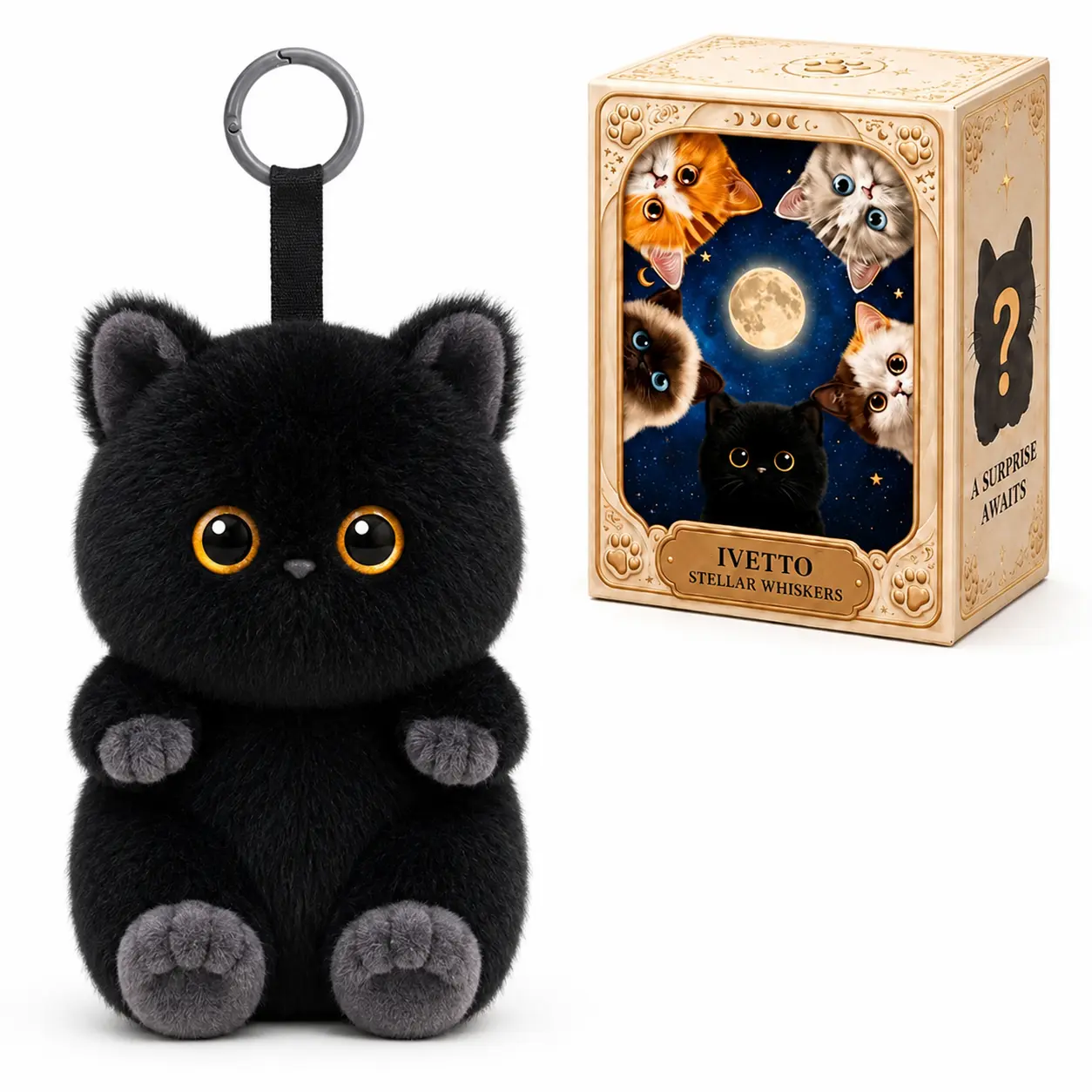IVETTO Mystic Galaxy Cat Plush Keychain Blind Box, 5.9" Soft Plush Bag Charm with Vinyl Face, Chance for Secret Black Kitten, Backpack & Purse Collectible, Random 1 Box