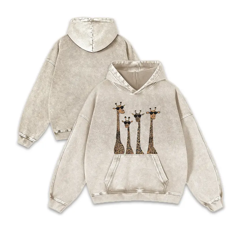 Faded Vintage Washed Hoodie | Cool Giraffe Squad Graphic Oversized Casual Street Pullover
