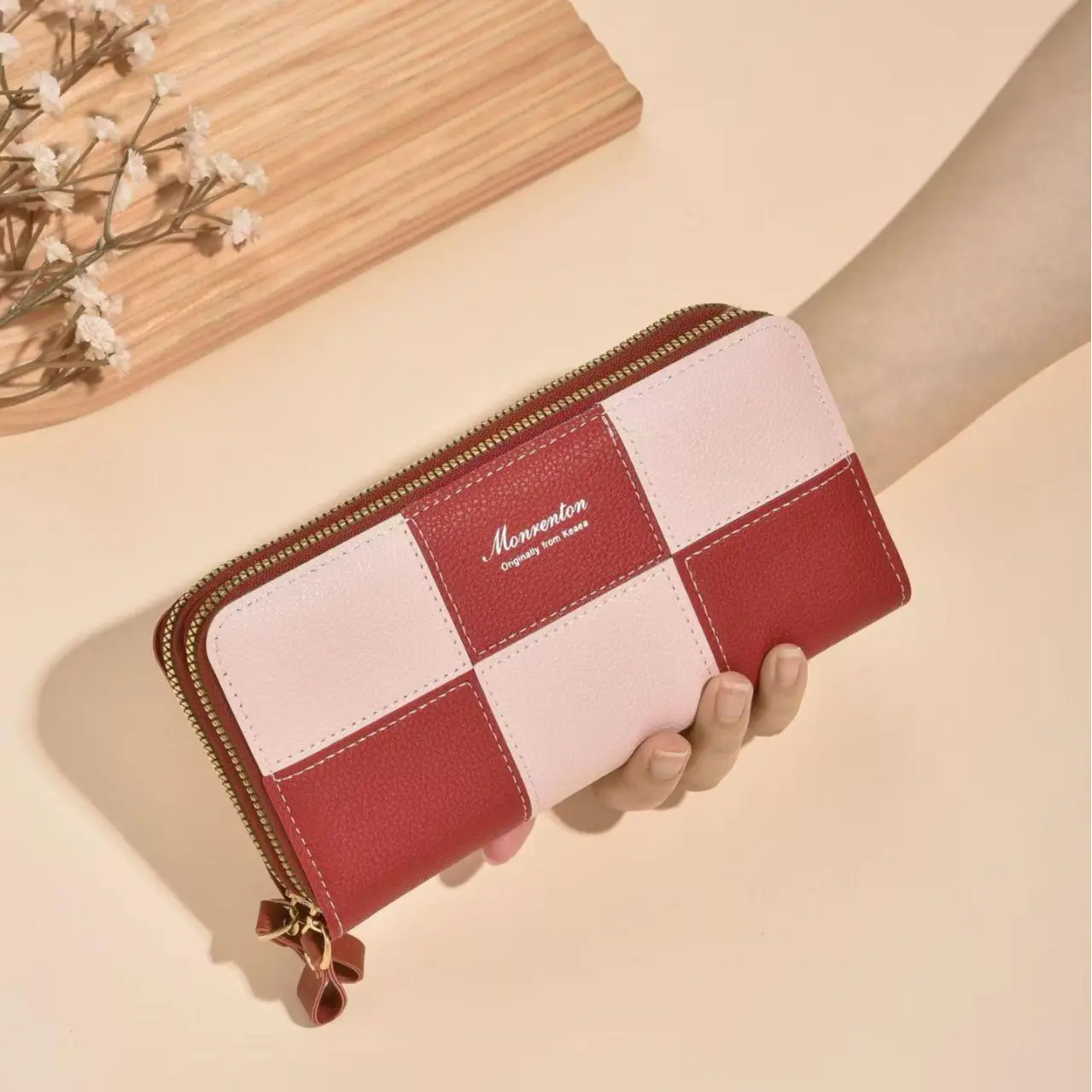 Women's Color Block Patchwork Wallet, PU Leather Long Clutch Purse with Double Zipper and Detachable Wristlet Strap, Wallets For Women