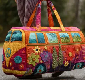 Boho Hippie Quilted VW Bus Duffle Bag, Unisex Weekender Travel Bag, Colorful Floral Handmade Overnight Bag, Lightweight Carry On Luggage for Travel, Beach, Gym, Camping，Mother's day gift,summervibes
