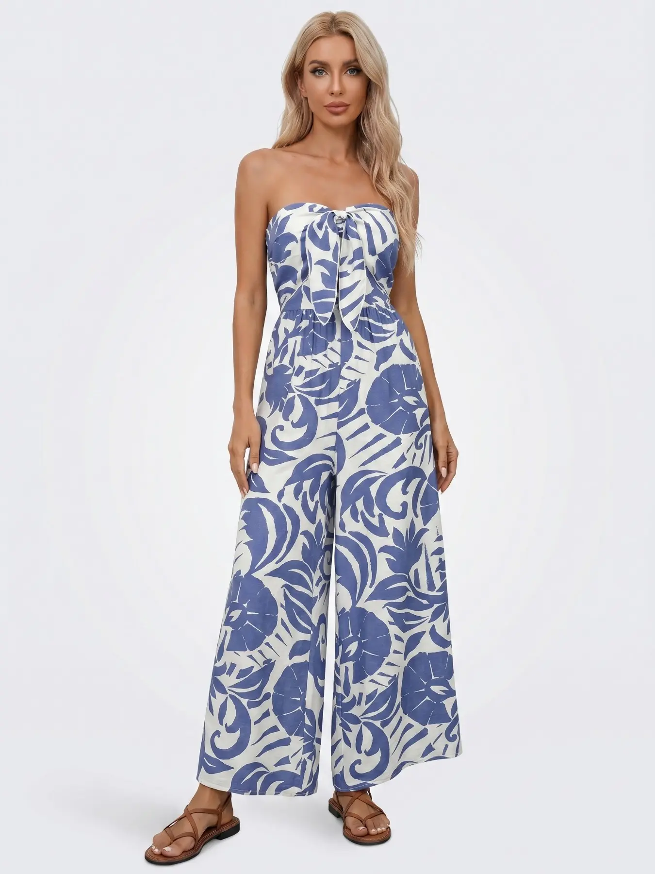 Women's Vibrant Chic Knotted Front Tropical Print Wide Leg Jumpsuit, Summer Flexible Casual Strapless Romper for Beach Vacation, Lightweight Skin-Friendly Daily Outfit