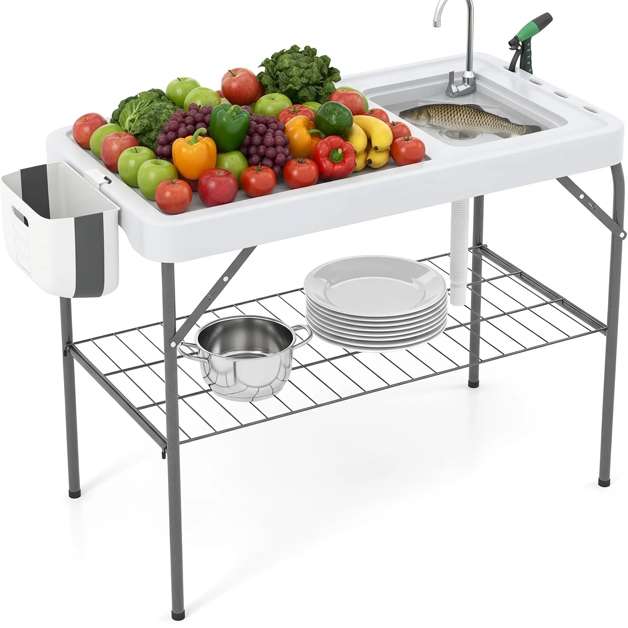 GAOMON Folding Fish Cleaning Table with Sink - Camping Kitchen Table, Portable Outdoor Fillet Station with Faucet, Drainage Hose, Sprayer, Grid Rack for Fishing