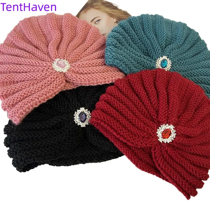 Women's Ethnic Knitted Wool Beanie & Headband Set - Diamond-Accented, Thick Warm Cold-Resistant, Cotton, 1 Size Fits All, for Moms & Adults, Casual Daily Sports & Outdoor Accessory, One Size Fits All