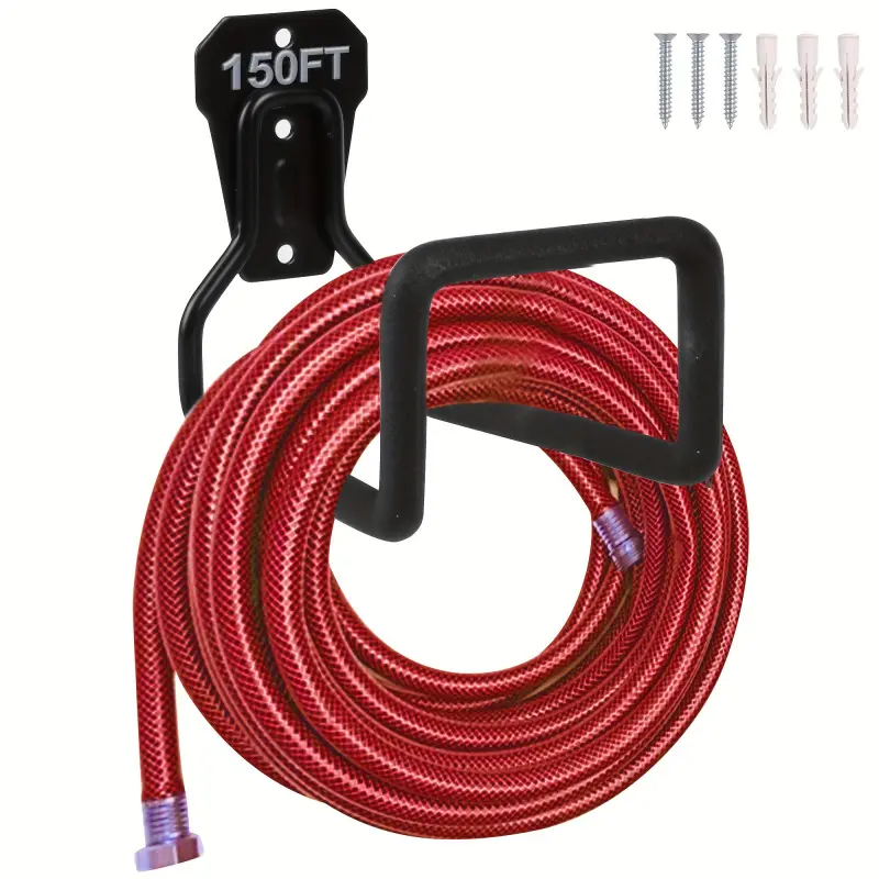 [Heavy-Duty Garden Hose Hanger] 150ft Capacity Heavy-Duty Black Metal Garden Hose Hanger - Wall Mounted, Durable Hose Holder with Mounting Screws & Washers for Outdoor Yard Use Garden Accessories