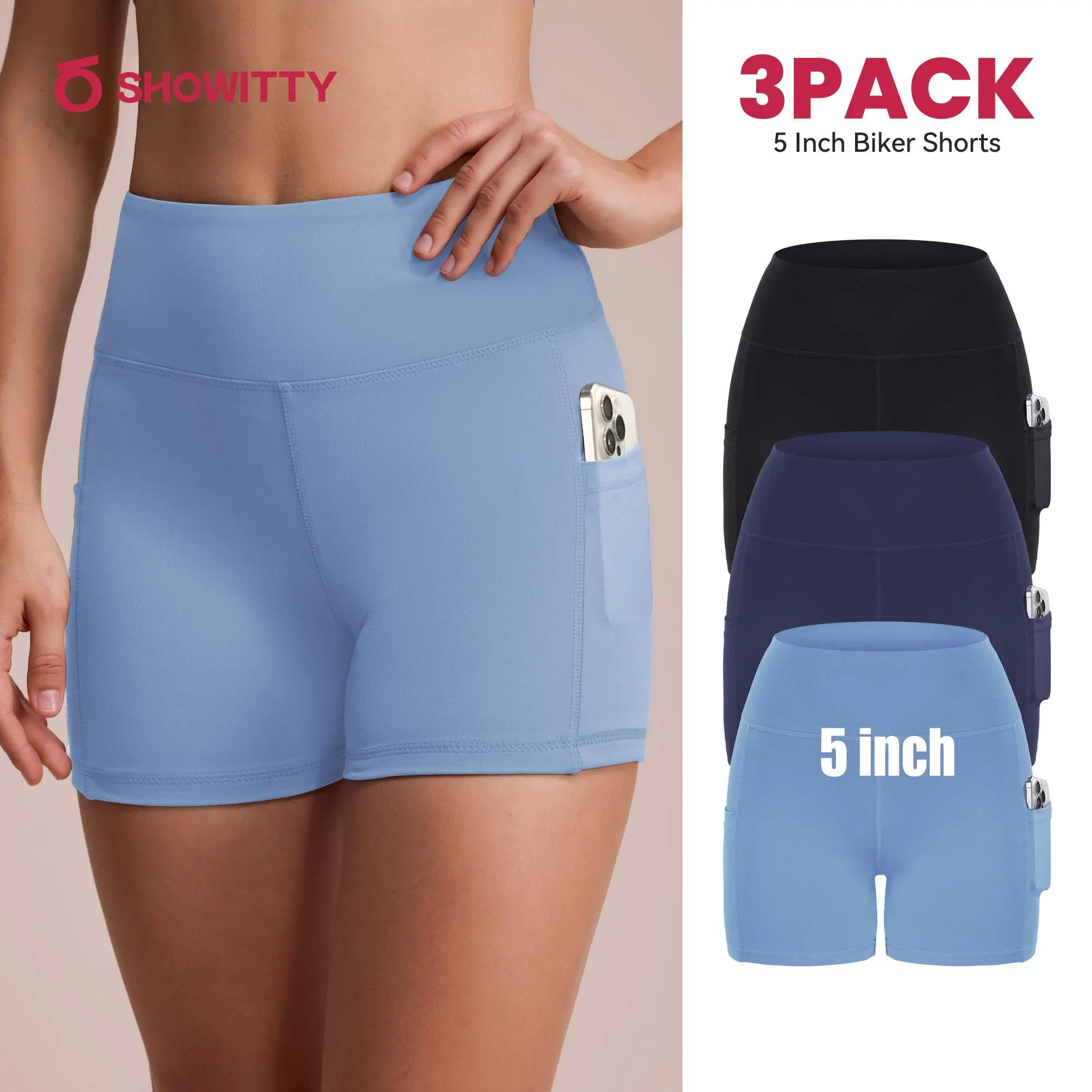 SHOWITTY 3 Pack Biker Shorts for Women with Pockets - 5" Plus Size High Waist Breathable Spandex Shorts for Gym Beach Summer Outfits