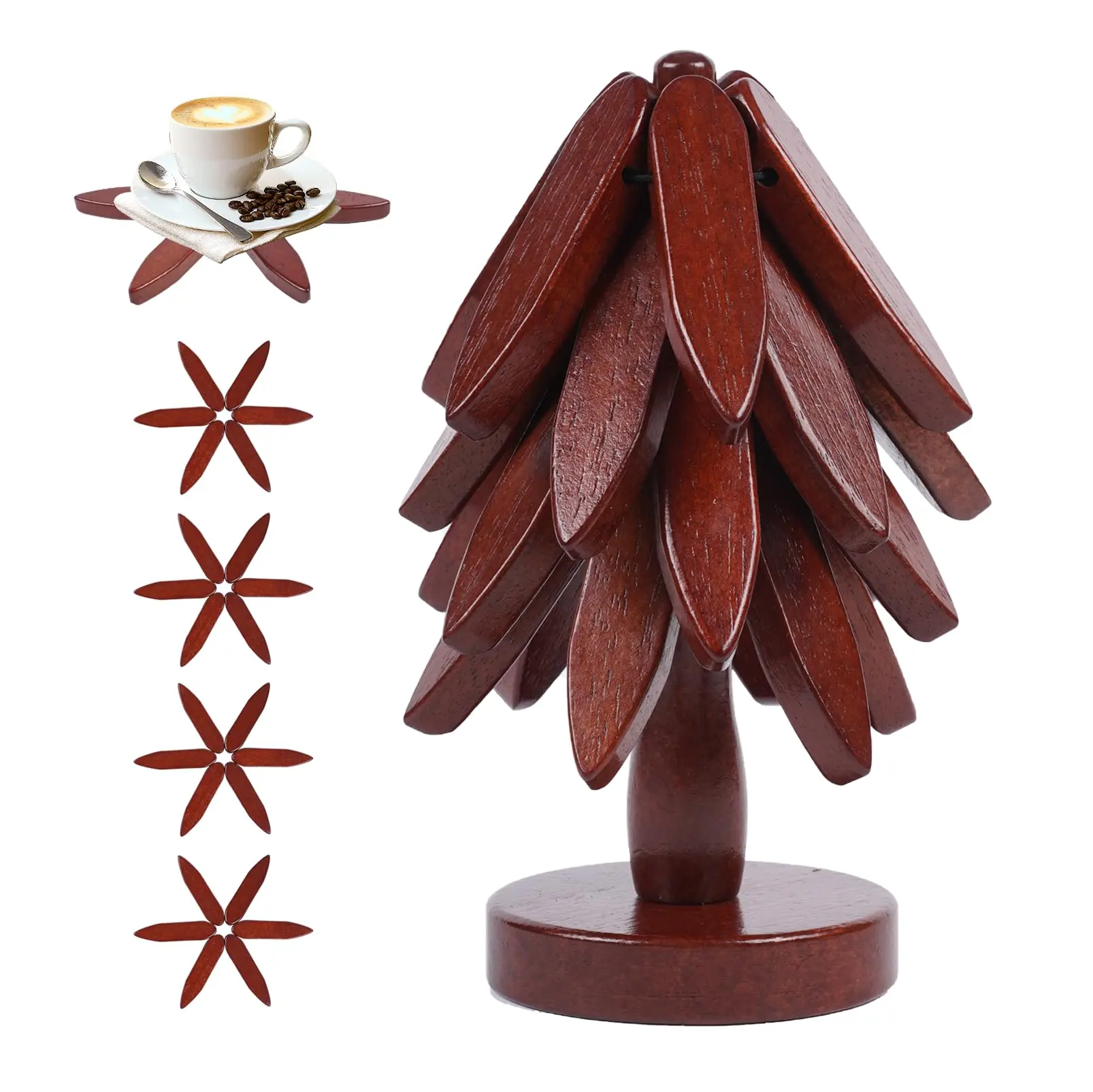 Wooden Trivets for Hot Dishes, Tree Shape Trivet Set, 4 Walnut Wood + 1 Stand stored Like a Christmas Tree, Foldable Kitchen Wooden Trivet, for Hot Dishes Pot Bowl Teapot Hot Pot Holder