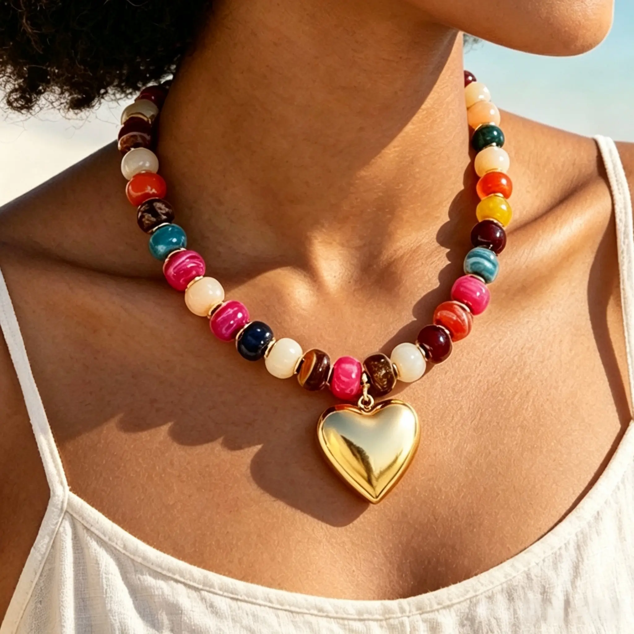 Women's Chunky Choker - Beaded Chains, Colorful Acrylic, Gold Heart Pendant, Boho Casual Style Necklace, Fashion Costume Jewelry Accessory for Everyday & Party Wear