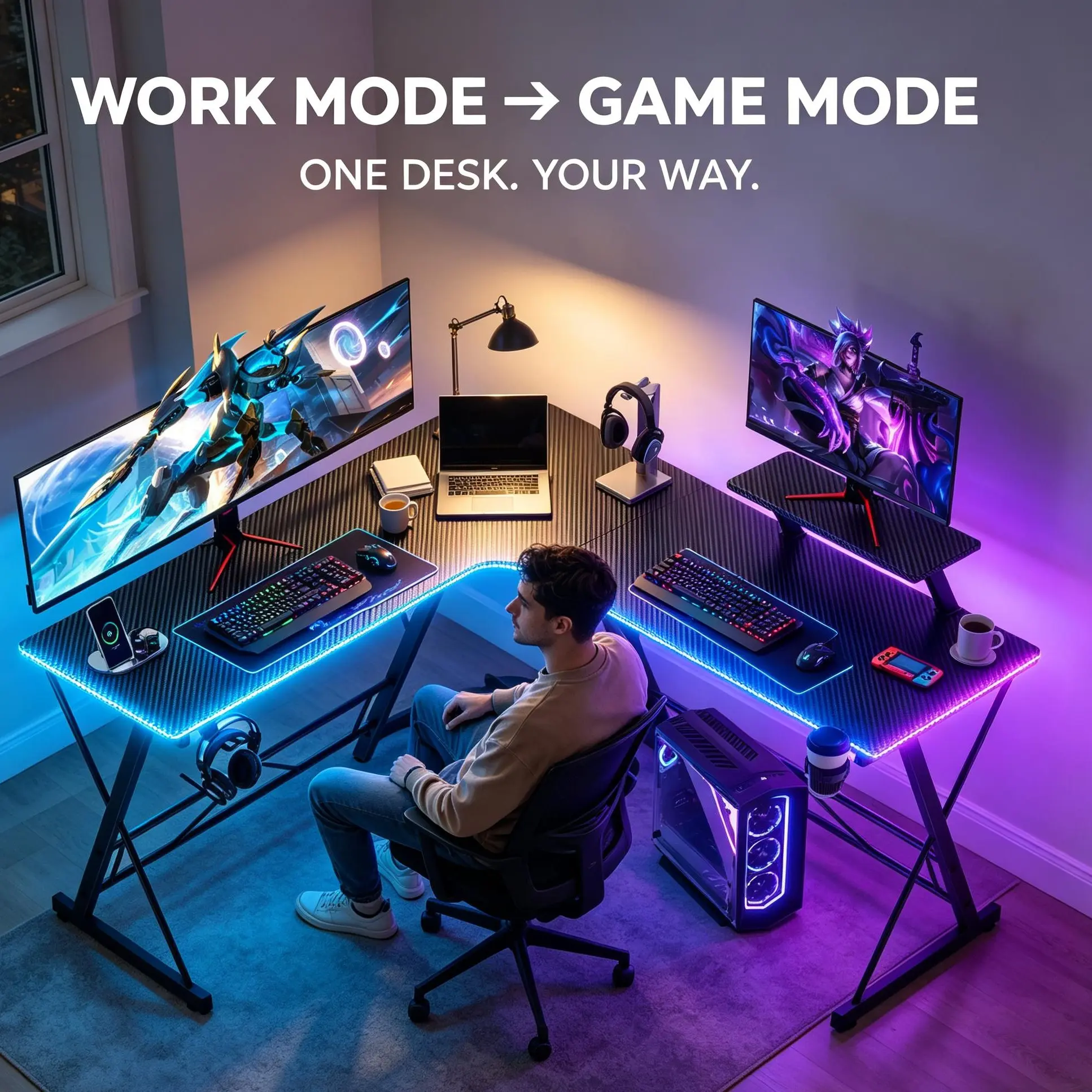 【Carbon Fiber Desk】Mr IRONSTONE Carbon L Shaped Gaming Desk Corner Computer Desk, Home Office Desks Writing Workstation with Large Monitor Stand, Carbon Fiber Surface, Easy to Assemble 51 Inch, Helloween