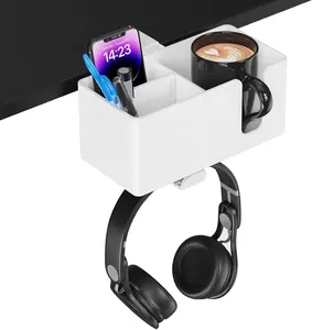 4 in 1 Desk Cup Holder with Storage - Clamp on Under Desk Headphone Hanger - Detachable Pen Cup Holder Desktop Storage for Desktop Attachments Accessories (White)