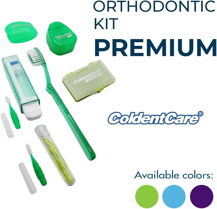 Orthodontic Oral Care Kit for Cleaning Brackets Braces, Includes Toothbrush and Cap, Travel Toothbrush, Dental Floss 12m, Dental Wax, Floss threaders, Interdental Toothbrush. Case (Blue)