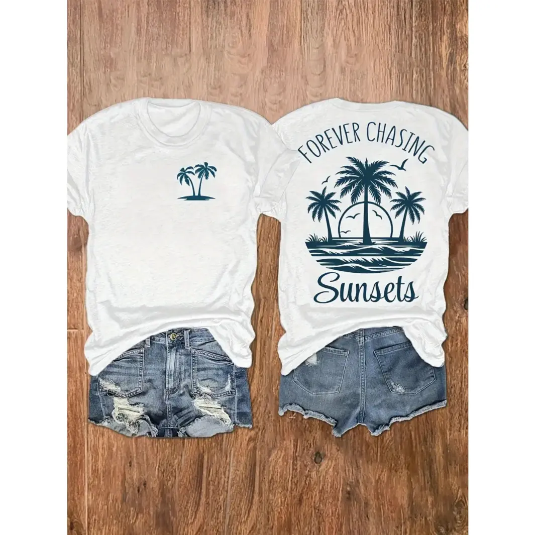 Women's Cotton Short-Sleeve Graphic Top - Lady's Trending Streetwear Tee with Forever Chasing Sunsets Palm Tree Beach Print, Ideal for Summer Coastal Vacation Travel