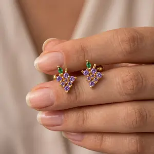 Gold Grape Cluster Cartilage Earring Stud | Purple Amethyst & Green CZ Fruit Helix Tragus Conch Piercing | Dainty Whimsical Barbell Stud | Cute Fruit Jewelry Aesthetic Gift for Her