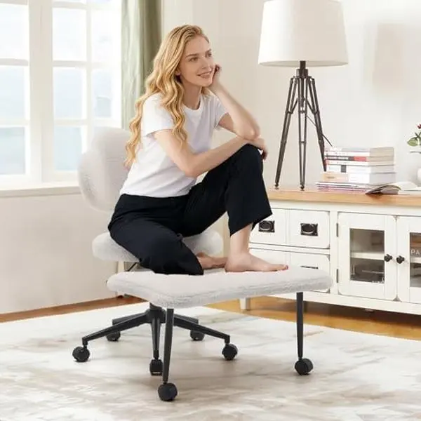 GAOMON Ergonomic Cross Legged Office Chair, 360° Swivel Meditation Kneeling Chair with Wheels, Adjustable Height for Meditation, ADHD & Yoga, Lumbar Support, Wide Criss Cross Design, Teddy Fabric, White