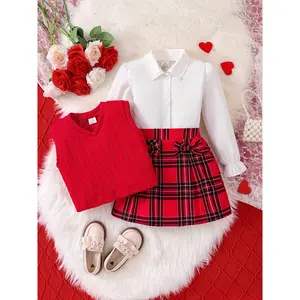 NewA Set of Three Stylish Outfits for Girls in Spring Autumn, Including a Long-Sleeve Shirt  a Collar, Buttons, Lace Details, a Ribbed Sleeveless Vest, a Black Checkered Skirt  Bow Decoration. with