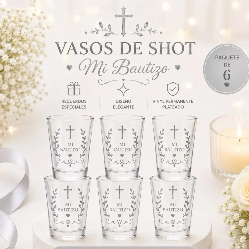 Mi Bautizo 6-Pack Shot Cups, Disposable Party Shot Glasses for Baptism Celebrations