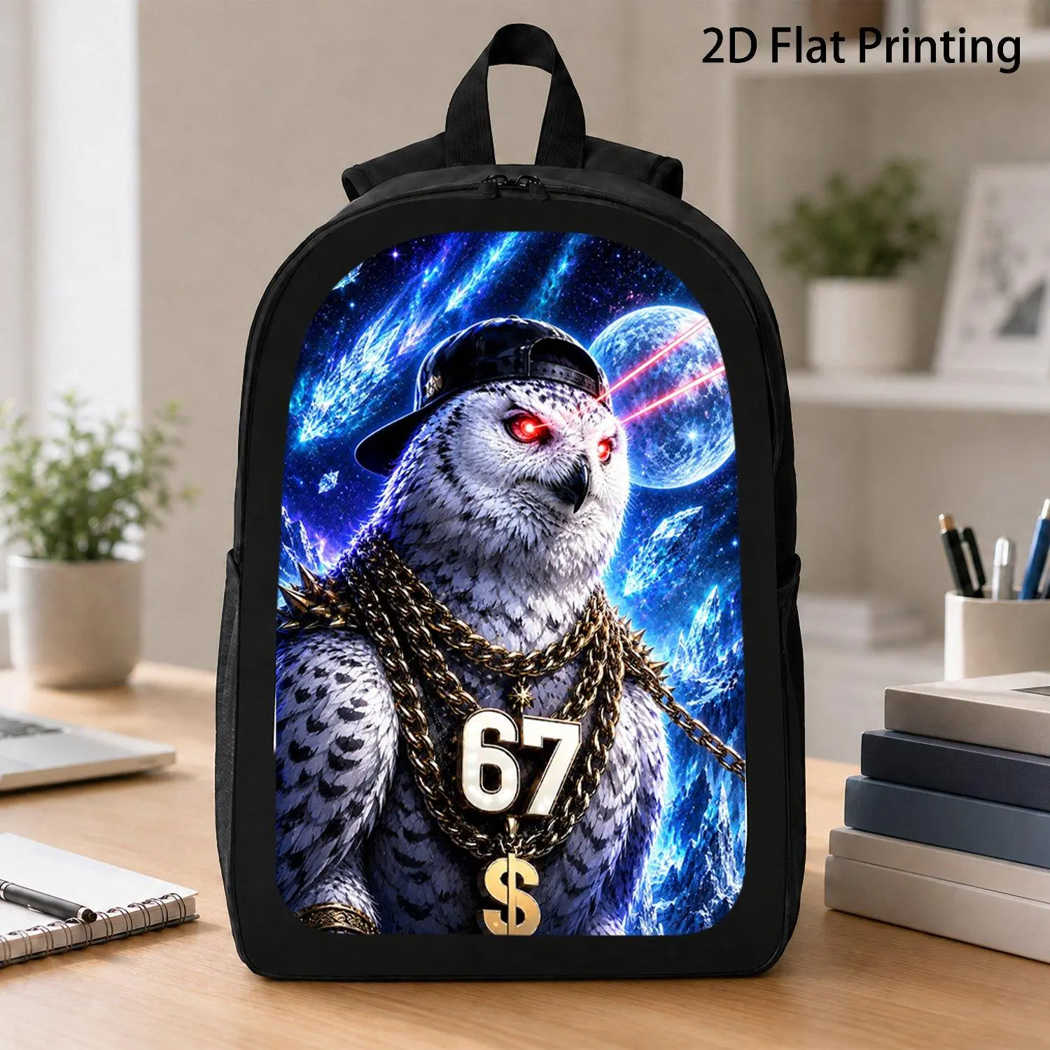 17 Inch Snowy Owl Hip Hop Gold Dollar Chain Number 67 Red Laser Eyes Cosmic Ice Space Trending Nocturnal Bird Print Durable Backpack Casual Travel School College Bag