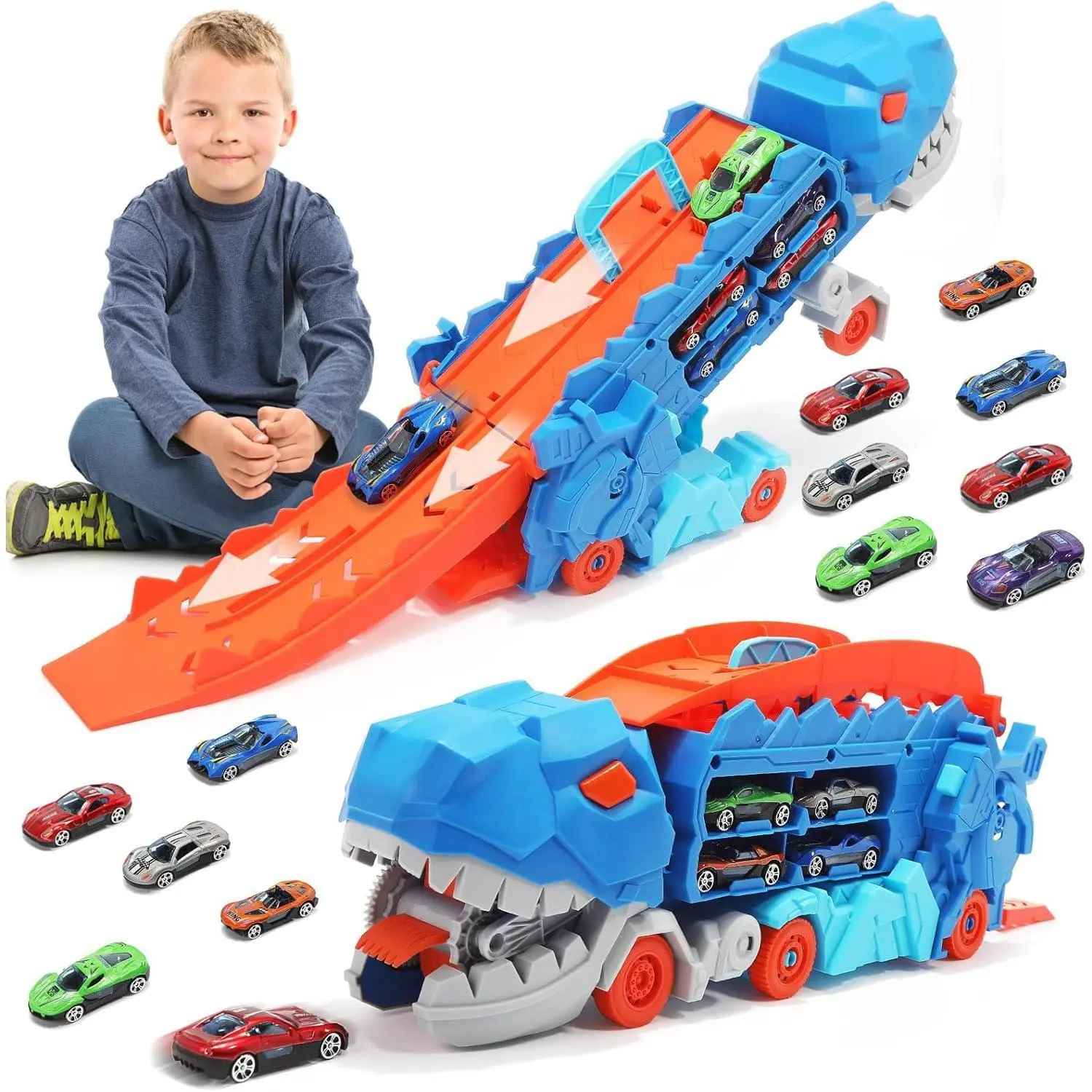 11-in-1 Dinosaur Vehicle Playset for Kids - Foldable Car Transporter Set with Race Track, T-Rex Hauler, 8 Plastic Cars, Unisex Fun Gifts for Holidays, Birthdays (Ages 3-7)