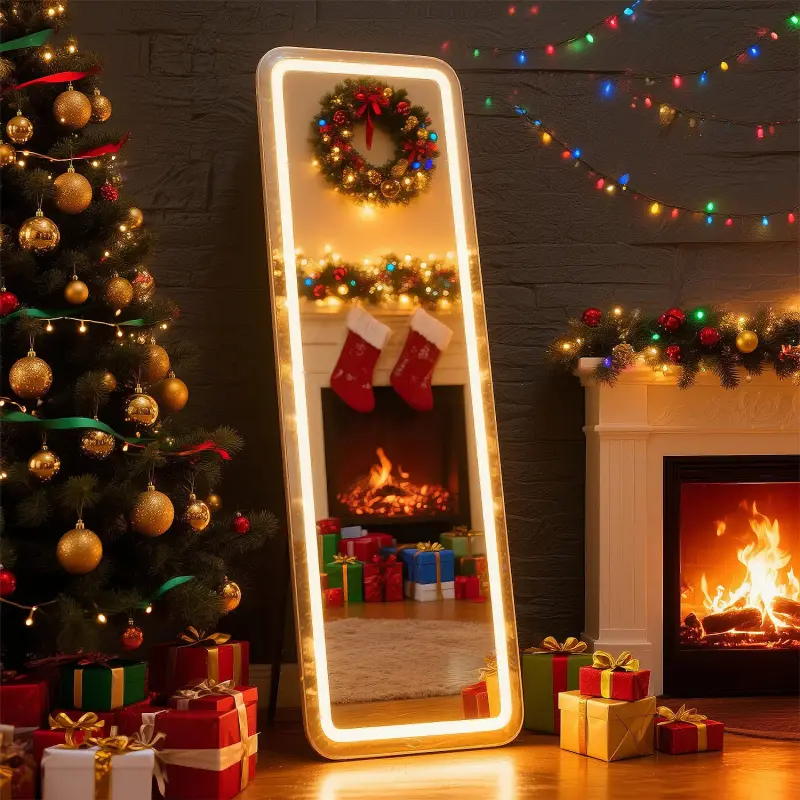 Full Length Floor Mirror with LED Lights, Dimming & Colors, Lighted Stand Mirror with Sturdy Aluminum Frame for Makeup, Try-On Haul, Bedroom Decor, Standing Mirror, Adjustable Led Mirror