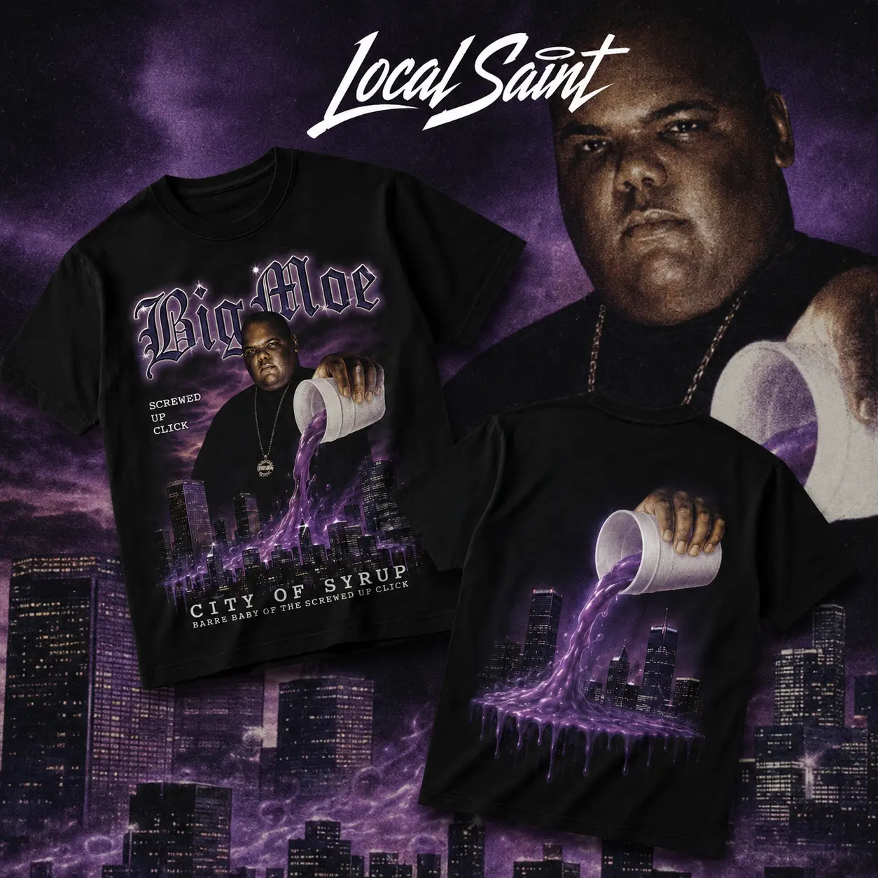 LOCALSAINT Big Moe Heavy Cotton Unisex Graphic T-Shirt Hoodie Houston Texas Screwed Up Click DJ Screw 713 Crewneck Tee, Vintage Streetwear Graphic T-Shirt Direct To Garment Breathable Print