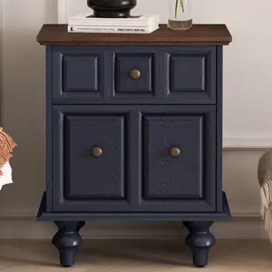 20.47"Vintage Nightstand with 2 Drawers and Roman Column Legs, Solid Wood Bedside End Table, Bedside Cabinet for Bedroom, Living Room (Dark blue)
