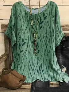 Leaf Print Short-Sleeve T-shirt Plus Size Casual Loose Fit Tops, Women, Lightweight Breathable Fabric, Y2K Clothes Summer Outfits, Trendy Vacation Daily Wear