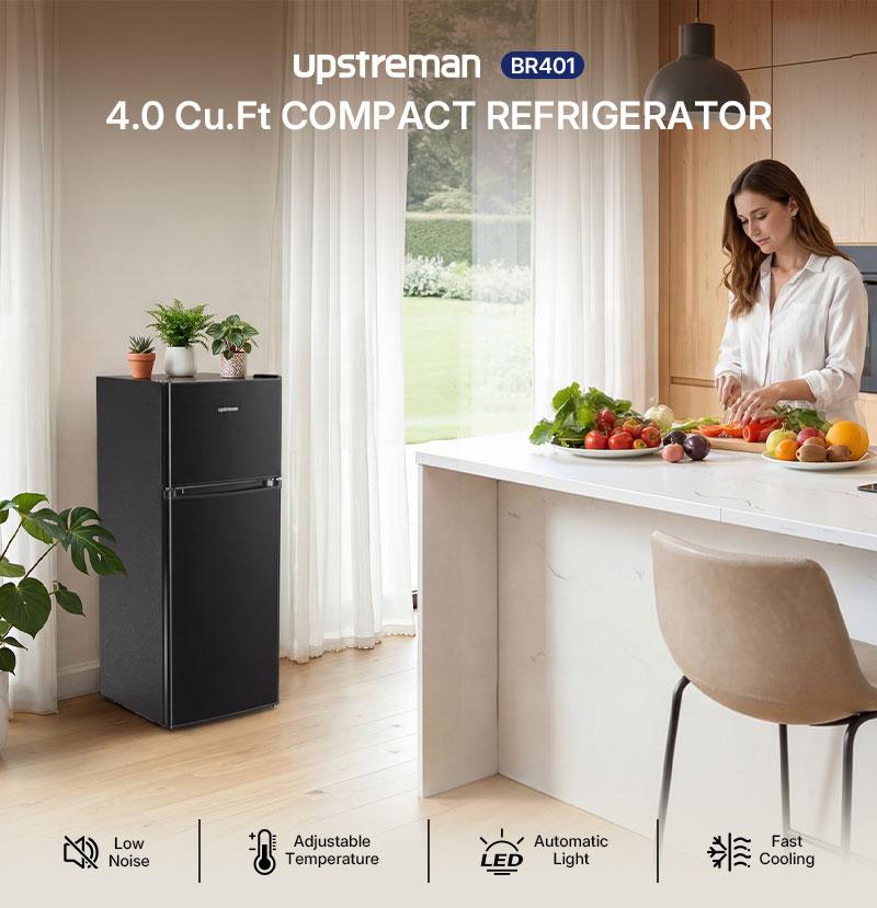 Upstreman 4.0 Cu.Ft Double Door Portable Refrigerator with Freezer, Stainless Steel, Large Capacity, Adjustable Thermostat, Energy Efficient, Quiet Operation