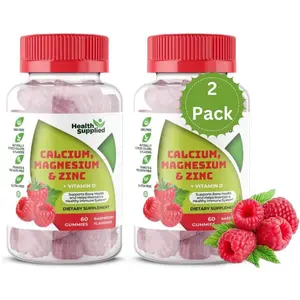2 bottles Calcium Magnesium & Zinc + Vitamin D Gummies - Fruity Raspberry Flavor, 60 Gummies, Supports Bone Health, Immune System, Energy & Muscle Function - Daily Dietary Vitamin Supplement