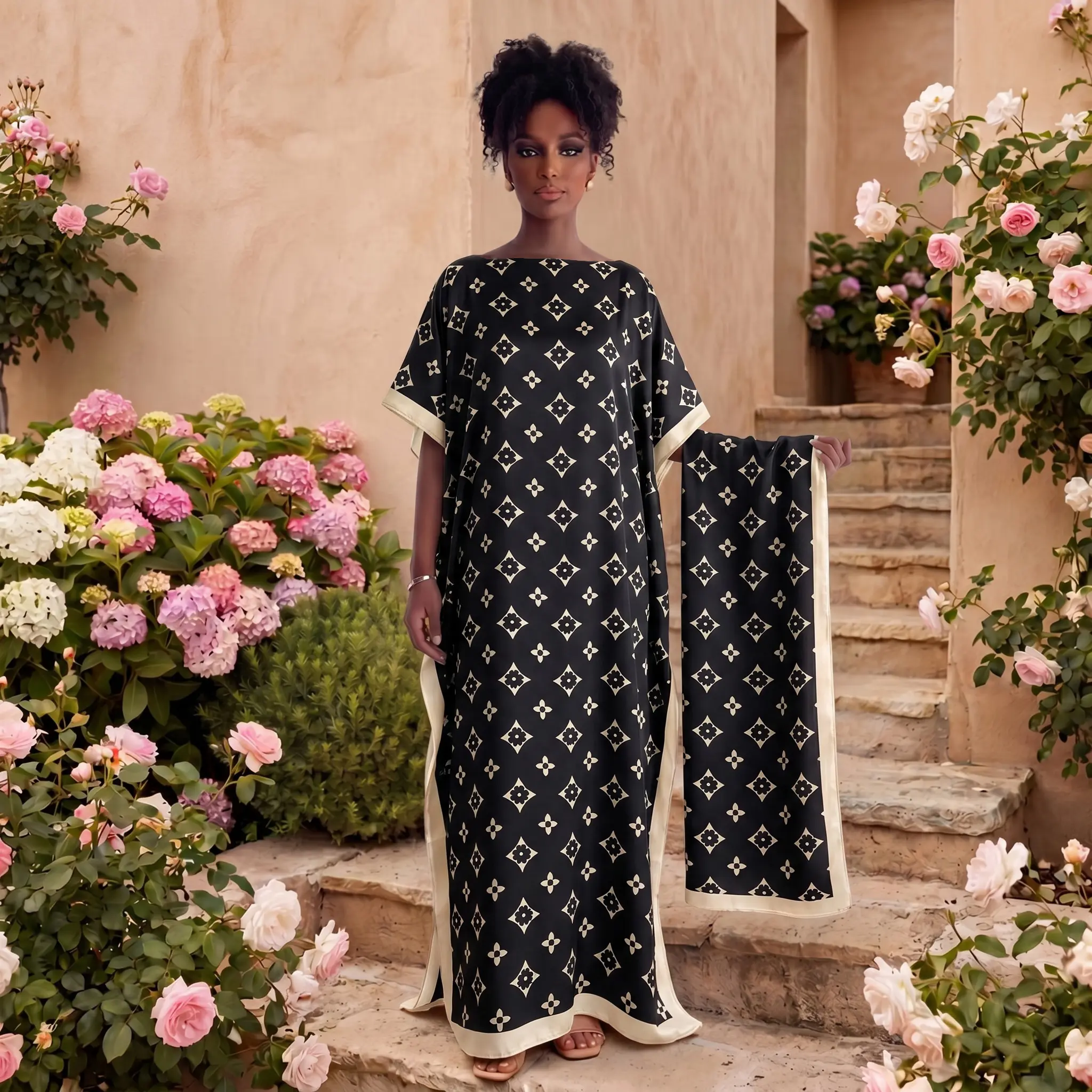 Women's Moo Moo 2-Piece Kaftan Set with Matching Hijab - Luxury Black Base Beige Clover Print Glossy Satin, Boat Neck Short Sleeve Silky Loose Side Split Maxi Dress, Minimalist Elegant Modest Outfit for Anniversary Ceremony Business Wear, All Seasons, Bea
