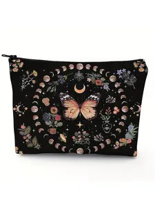 Gothic Butterfly-Moon-Star-Floral Makeup Bag, Cosmetic Pouch, Portable Cosmetic Bag, Travel Cosmetic Bag, Bohemian Boho Floral Plant Pattern, Large Capacity Zipper Wash Bag, Ramadan Gift for Men and Women, Makeup Storage Bag, Makeup Organizer