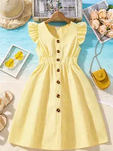Girls Striped Dress, Fashion V Neck Button Design for Casual Wear, Lightweight Comfortable Dress for Daily Outings & Vacations, Dresses for Summer, Striped Pattern Dress