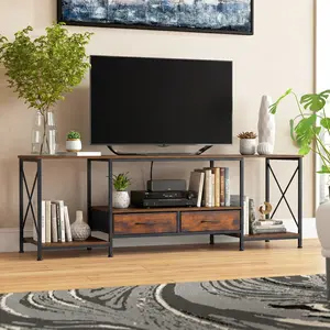 Industrial TV Stand with Power Outlets, Entertainment Center with 2 Fabric Drawers and Open Shelves for Living Room,Bedroom, Console Table for Bedroom