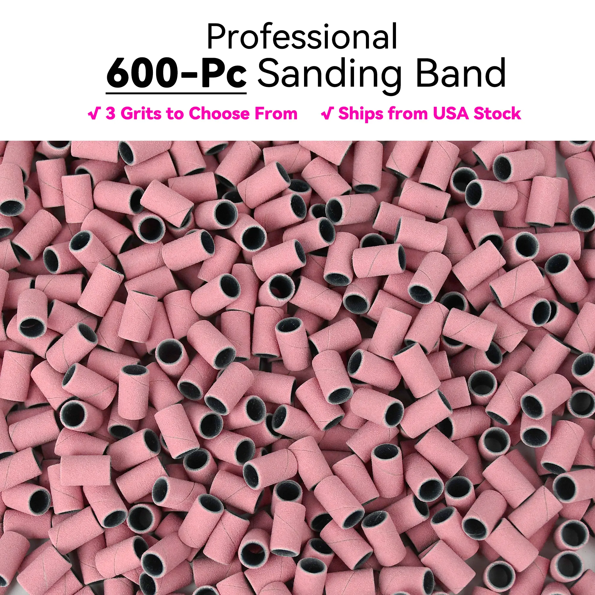 600 Pcs 6.3mm Pink Sanding Bands - Coarse/Medium/Fine Grit Options | Bulk Nail Drill Accessories | USA Stock
