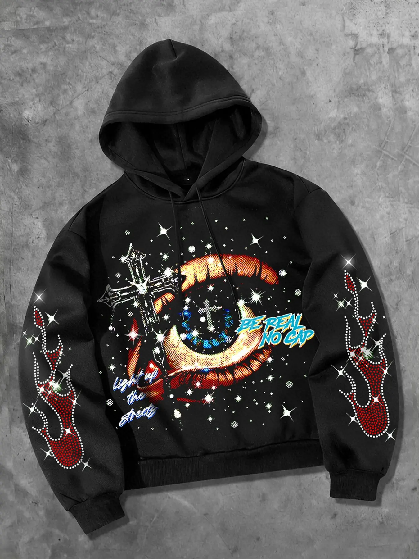 Y2K eye flame print hooded sweatshirt for men, cross imitation rhinestone pullover hooded sweatshirt, double layered hat European and American street casual fashion unisex autumn and winter hoodie Saint saint Graphic Streetwear Hoodies