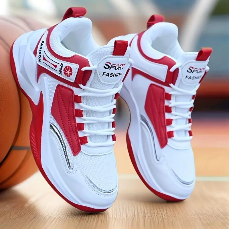 JuBang Men's Color Blocked High-Top Fashionable Sports Basketball-Inspired Casual Trainers, 1 Pair White Athletic Shoes with Red Accents, Laces, Rubber Sole, All-Season Casual & Training Footwear, Fashionable Sports Shoes