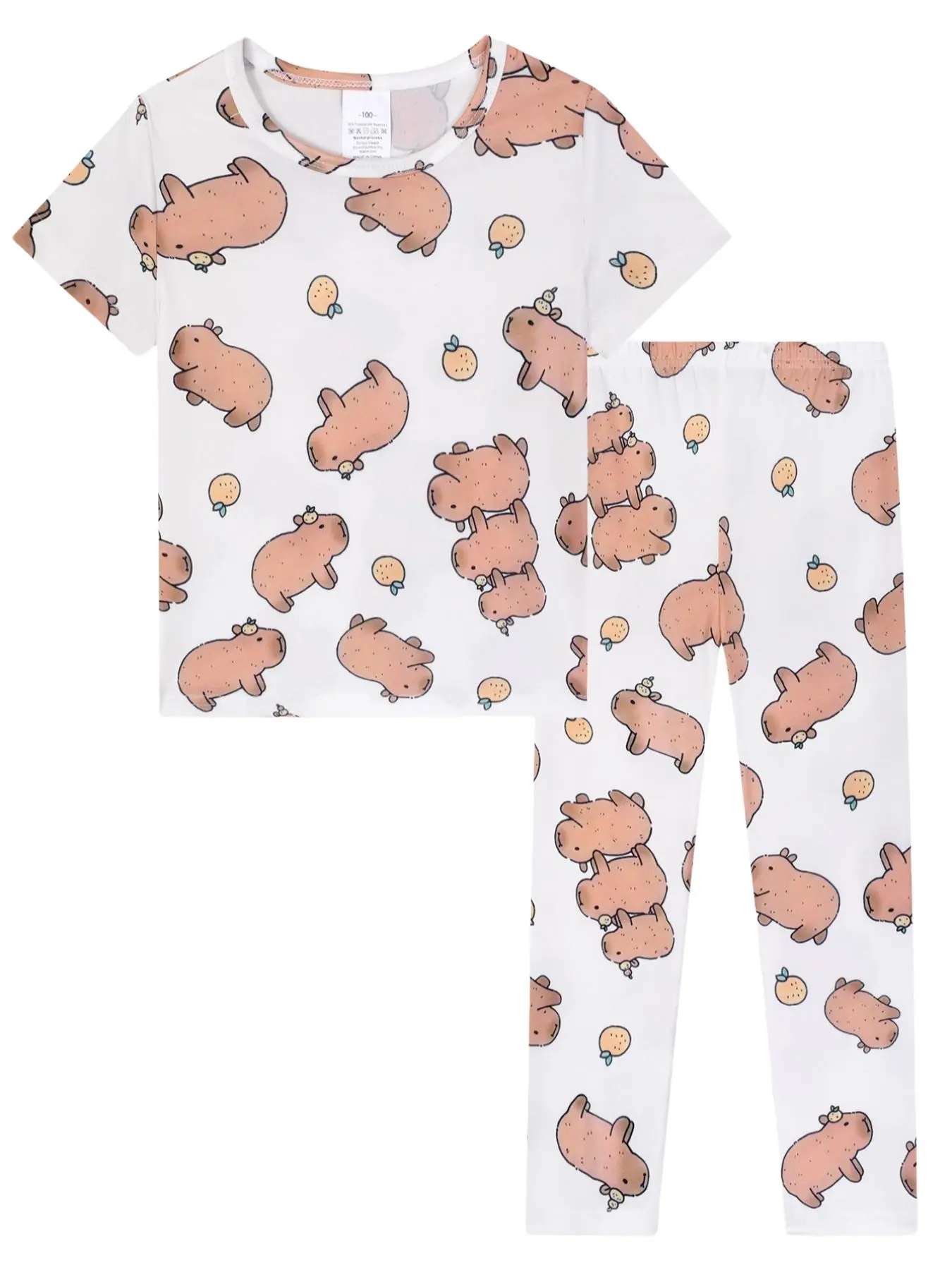 Round Neck Short Sleeves Long Pants Sleepwear Set, Capybara Cartoon Print, Skin-Friendly Breathable Home Wear 2-Piece Pajama Set Pyjamas