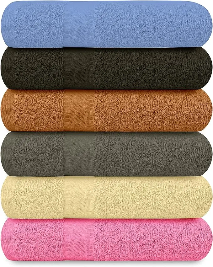 QUBALINENZ 100% Cotton Bath Towels – 27x54 inch, 6-Pack – Lightweight, Quick-Drying, Budget-Friendly Everyday Towels (Multi Color)