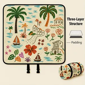 Extra Large 78x78 Inch Foldable Picnic Blanket, Soft Thick Layered Design, Floral Fruit Print, PU Coated Oxford Fabric, Hand Wash Only